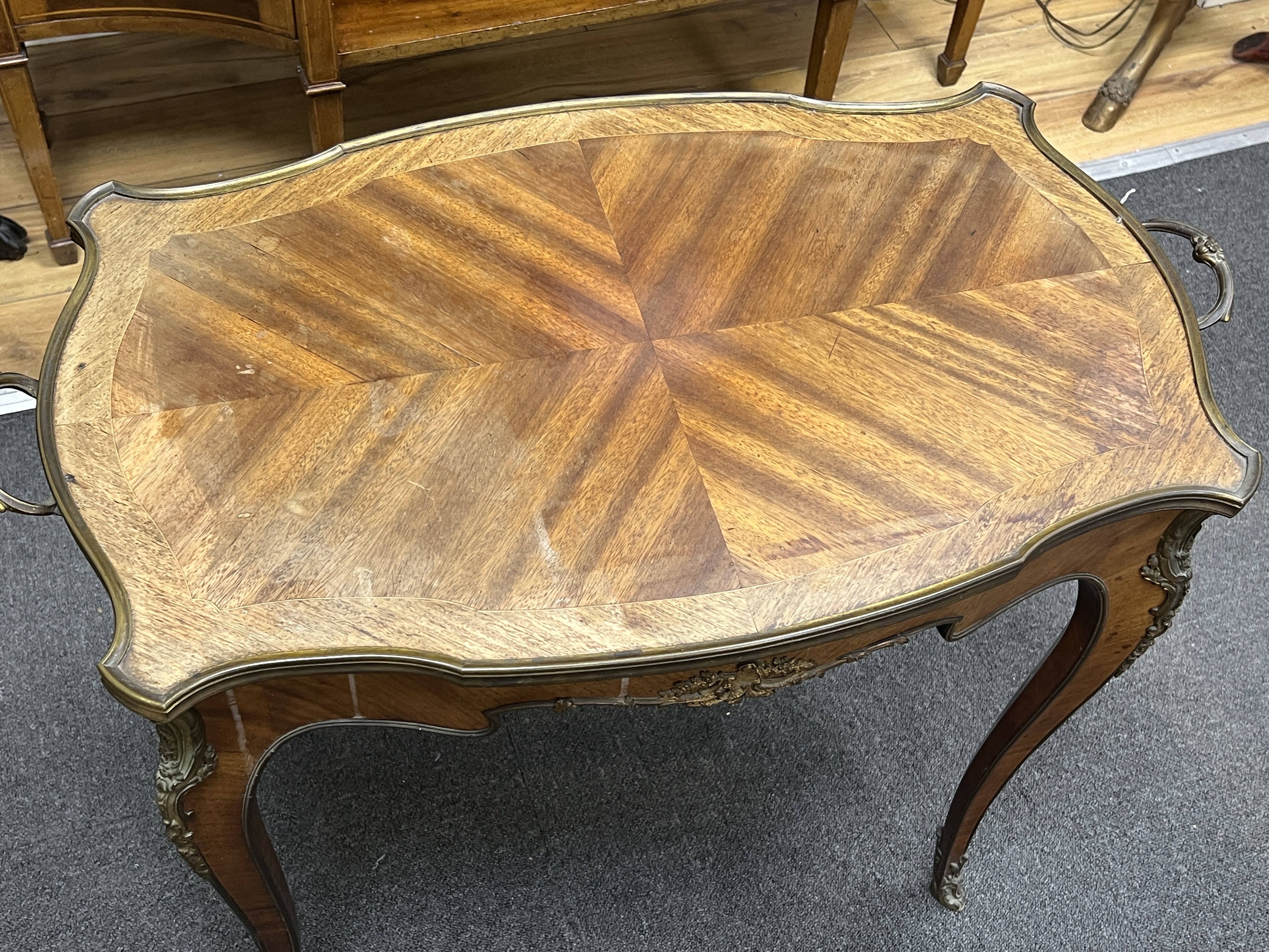 A French gilt metal mounted 'tray top' occasional table, width 79cm, depth 45cm, height 66cm